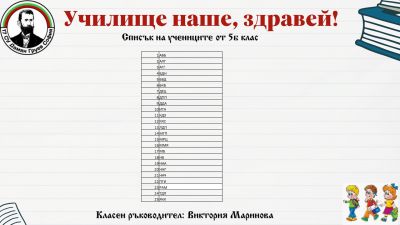 Списък и разпределение на учениците от 5 клас за учебната 2024/2025 година 2